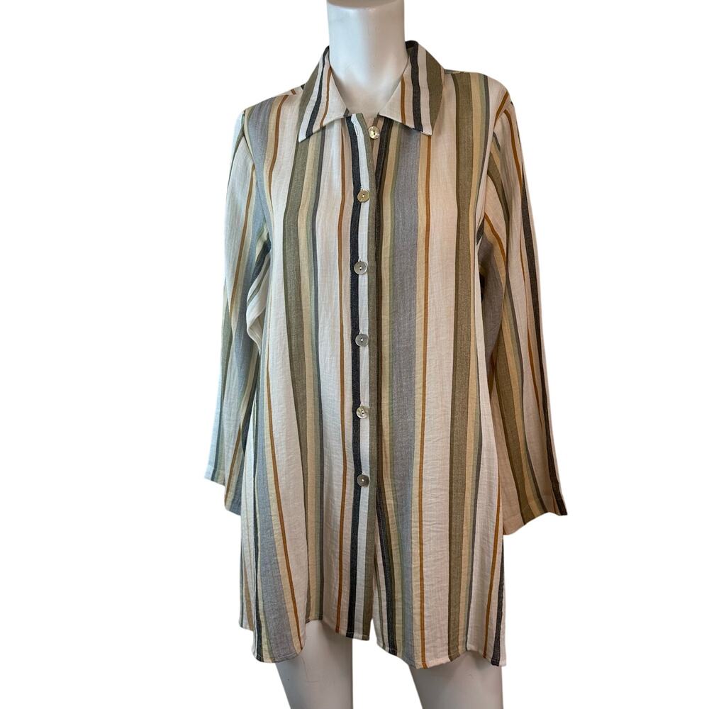 Christopher Calvin Neutral Striped Button Down Lagenlook Shirt sz M NWT